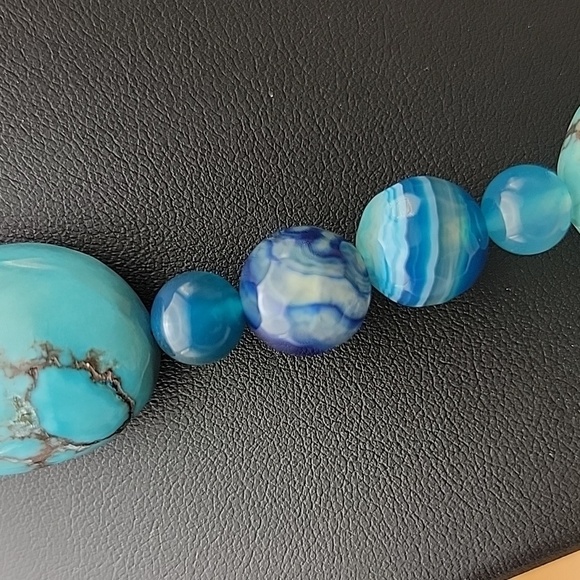 640 Cts Natural Turquoise & Blue Faceted Onyx Beaded Boho Gemstone Necklace - Picture 7 of 10